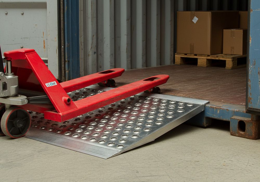 pallet jack rolling up a container ramp into a shipping container to unload goods