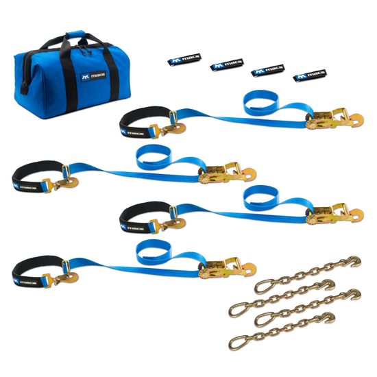 6FT-8FT-SPR-PK-KIT-W-AS-DIR-HK-CN-EXT 6  8 Super Pack 2 Tie-Down Strap Kit with Integrated Axle Straps Direct Hook Ends  Chain Extensions